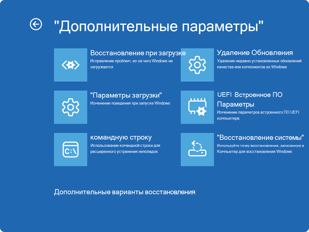 Дополнительные параметры среды восстановления на русском: пункт UEFI Встроенное ПО Параметры справа в среднем ряду