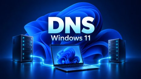 Редакционная иллюстрация: DNS, Windows 11, ноутбук и два сервера