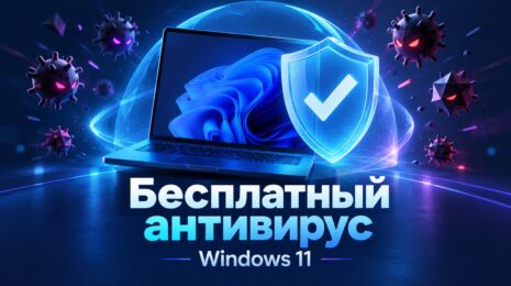 Редакционная иллюстрация: ноутбук и защитный щит, бесплатный антивирус для Windows 11
