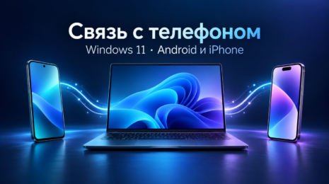 Редакционная иллюстрация: ноутбук Windows 11 и два смартфона соединены световыми линиями
