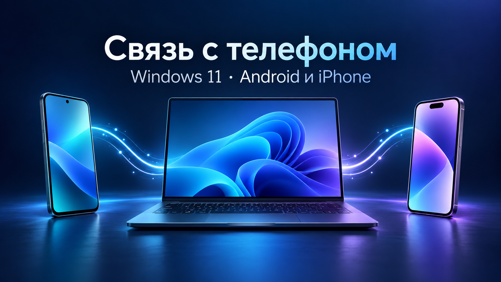 Редакционная иллюстрация: ноутбук Windows 11 и два смартфона соединены световыми линиями