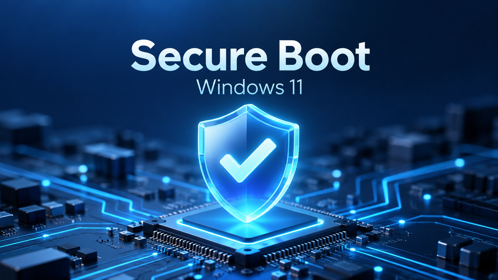 Редакционная иллюстрация: щит с галочкой над чипом и надпись Secure Boot, Windows 11