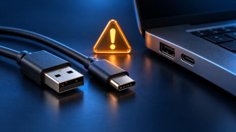 Редакционная иллюстрация: USB-кабели и символ предупреждения