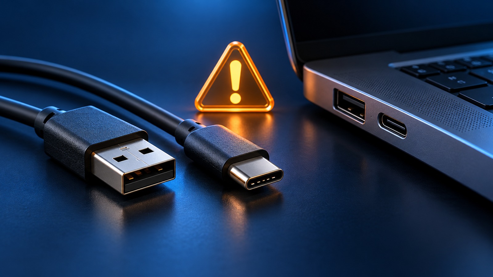Редакционная иллюстрация: USB-кабели и символ предупреждения