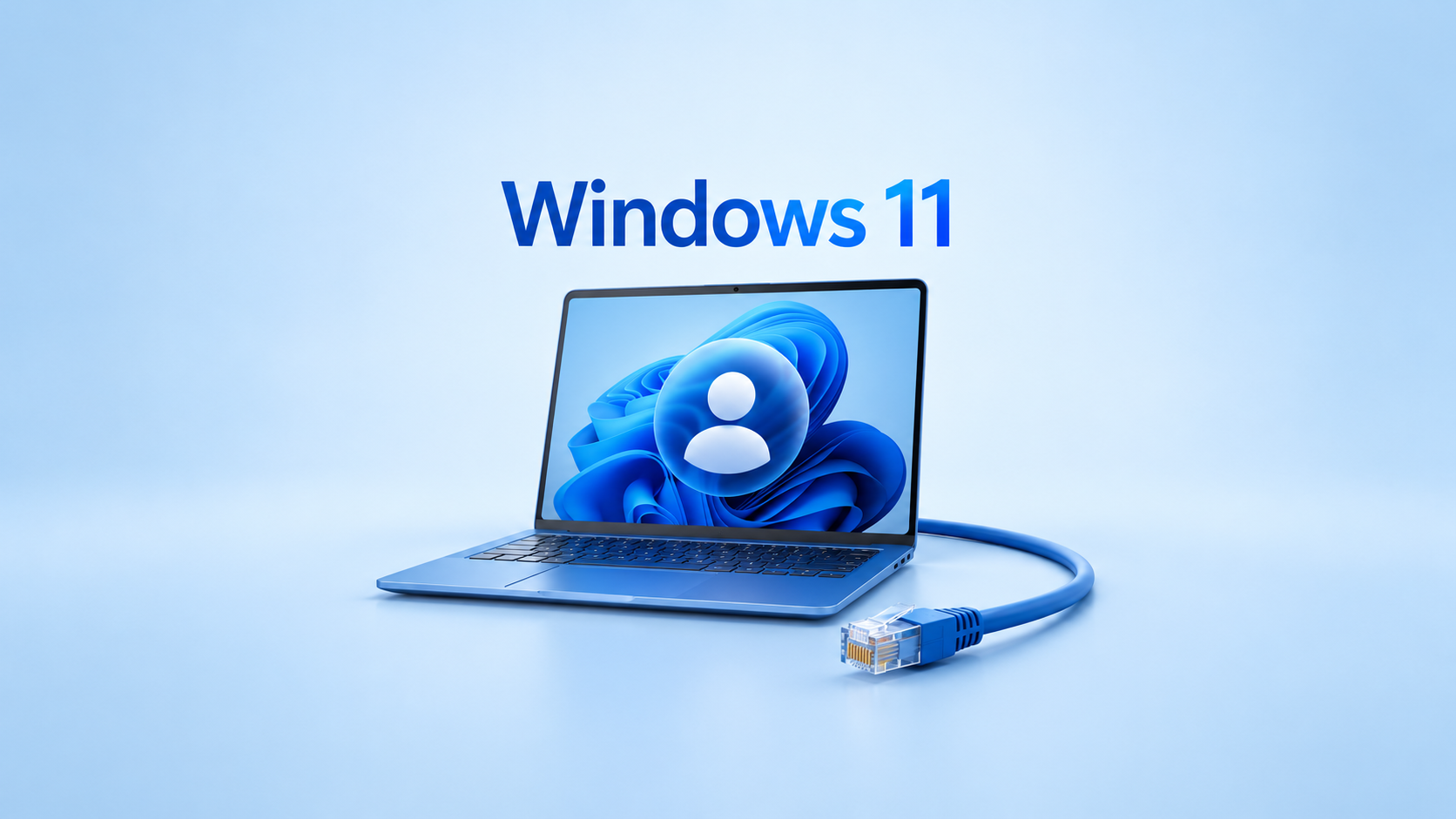 Редакционная иллюстрация: ноутбук Windows 11, локальный пользователь и отключённый сетевой кабель